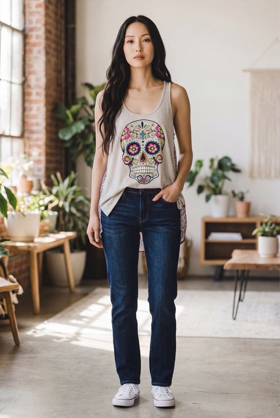 No Boundaries Day Of The Dead Racer Back Tank Top Mixed Media Pink Blue Cream